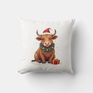 Vintage Christmas Highland Cow with Gifts Cute Hol Cushion