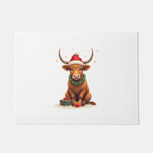 Vintage Christmas Highland Cow with Gifts Cute Hol Doormat