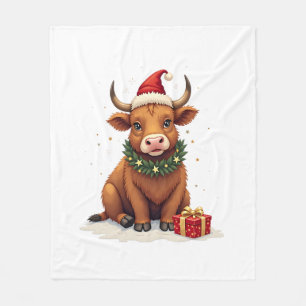 Vintage Christmas Highland Cow with Gifts Cute Hol Fleece Blanket