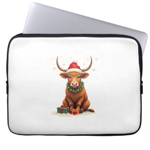 Vintage Christmas Highland Cow with Gifts Cute Hol Laptop Sleeve