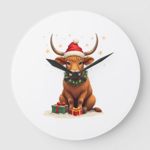 Vintage Christmas Highland Cow with Gifts Cute Hol Large Clock