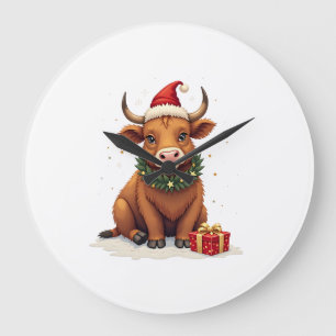 Vintage Christmas Highland Cow with Gifts Cute Hol Large Clock