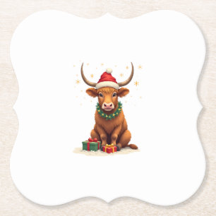 Vintage Christmas Highland Cow with Gifts Cute Hol Paper Coaster