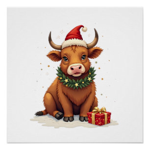 Vintage Christmas Highland Cow with Gifts Cute Hol Poster