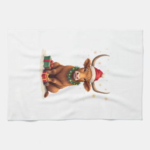 Vintage Christmas Highland Cow with Gifts Cute Hol Tea Towel