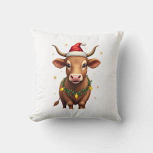 Vintage Christmas Highland Cow with Santa Hat and Cushion