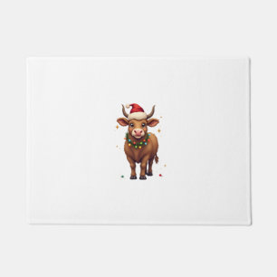Vintage Christmas Highland Cow with Santa Hat and  Doormat