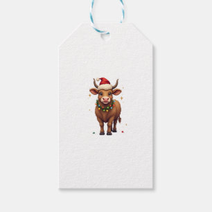 Vintage Christmas Highland Cow with Santa Hat and Gift Tags