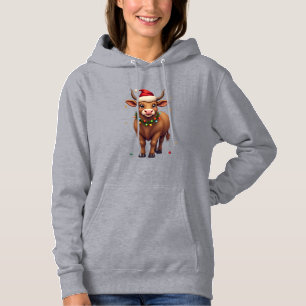 Vintage Christmas Highland Cow with Santa Hat and Hoodie