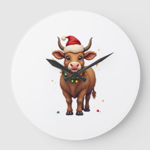 Vintage Christmas Highland Cow with Santa Hat and Large Clock