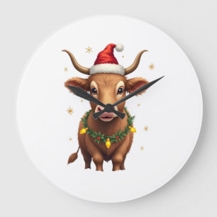 Vintage Christmas Highland Cow with Santa Hat and  Large Clock