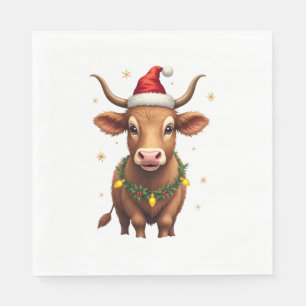Vintage Christmas Highland Cow with Santa Hat and Napkin
