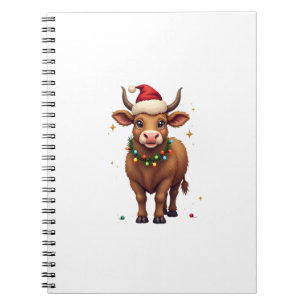 Vintage Christmas Highland Cow with Santa Hat and  Notebook