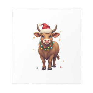Vintage Christmas Highland Cow with Santa Hat and  Notepad