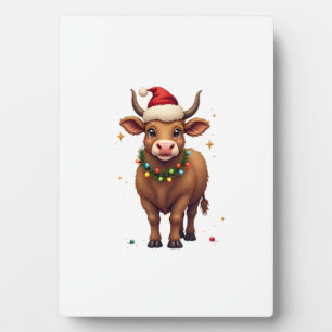 Vintage Christmas Highland Cow with Santa Hat and Plaque