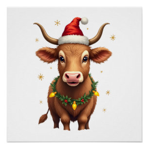 Vintage Christmas Highland Cow with Santa Hat and Poster