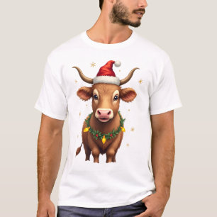 Vintage Christmas Highland Cow with Santa Hat and  T-Shirt