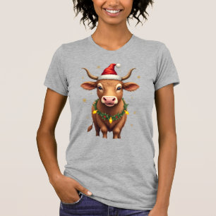 Vintage Christmas Highland Cow with Santa Hat and T-Shirt