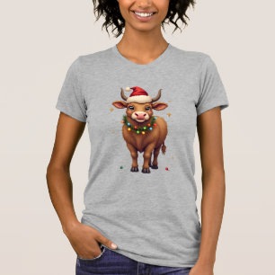 Vintage Christmas Highland Cow with Santa Hat and T-Shirt