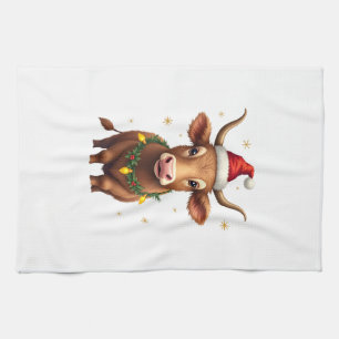 Vintage Christmas Highland Cow with Santa Hat and Tea Towel