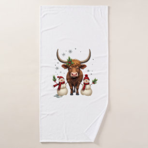 Vintage Christmas Highland Cow with Snowmen Red Pl Bath Towel