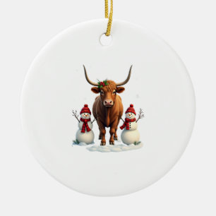 Vintage Christmas Highland Cow with Snowmen Red Pl Ceramic Ornament