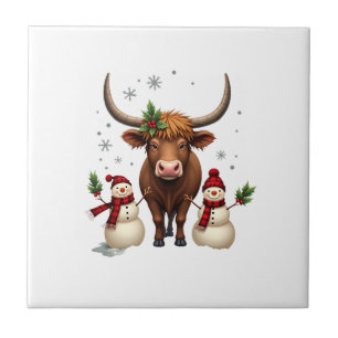 Vintage Christmas Highland Cow with Snowmen Red Pl Ceramic Tile