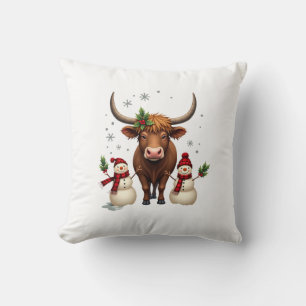 Vintage Christmas Highland Cow with Snowmen Red Pl Cushion