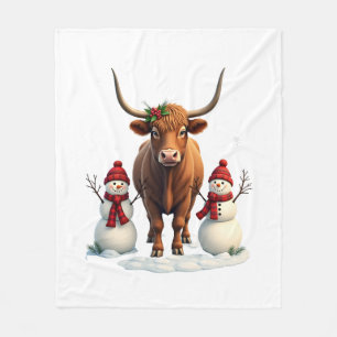 Vintage Christmas Highland Cow with Snowmen Red Pl Fleece Blanket