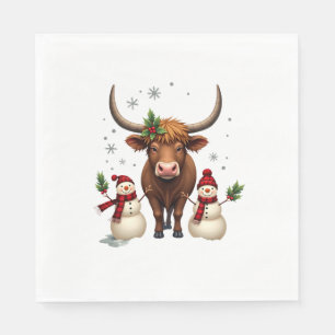 Vintage Christmas Highland Cow with Snowmen Red Pl Napkin