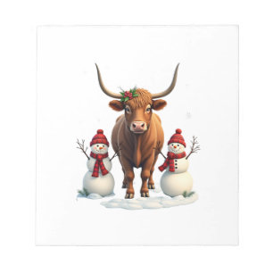 Vintage Christmas Highland Cow with Snowmen Red Pl Notepad