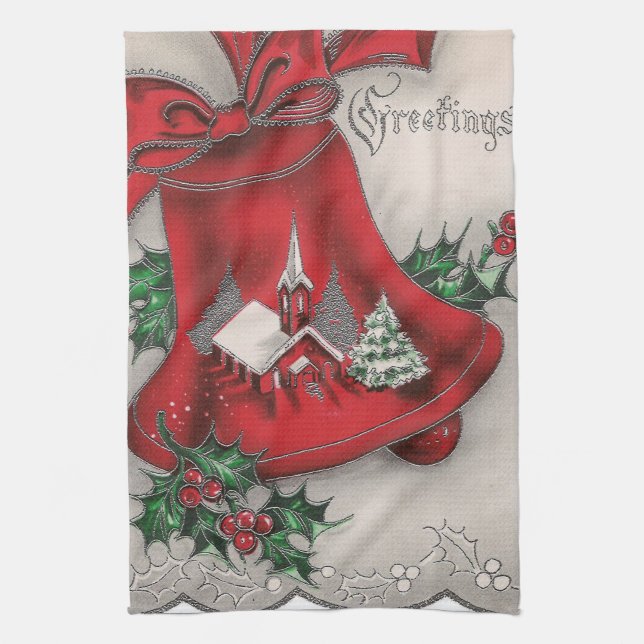 Vintage Christmas Holiday bell kitchen towel (Vertical)