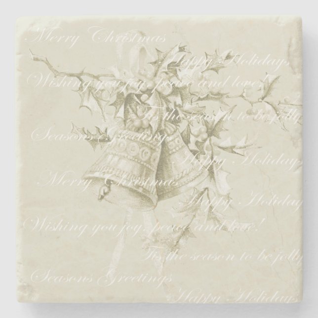 Vintage Christmas holiday bells neutral Stone Coaster (Front)