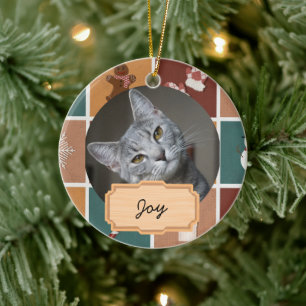 vintage christmas holiday Custom cat Photo Ceramic Ornament