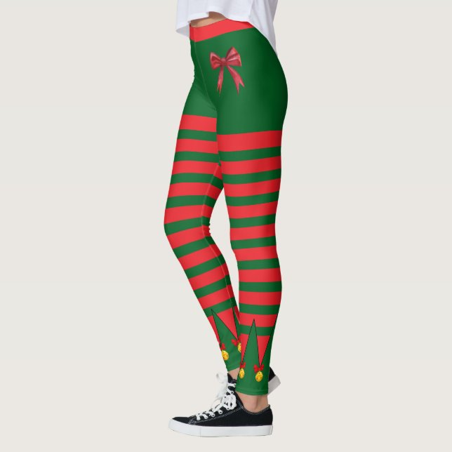 Vintage Christmas Holiday Elf Red Green Striped Leggings (Left)