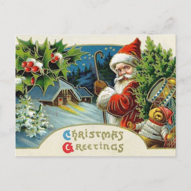 Vintage Christmas Holiday Santa scene postcard (Front)