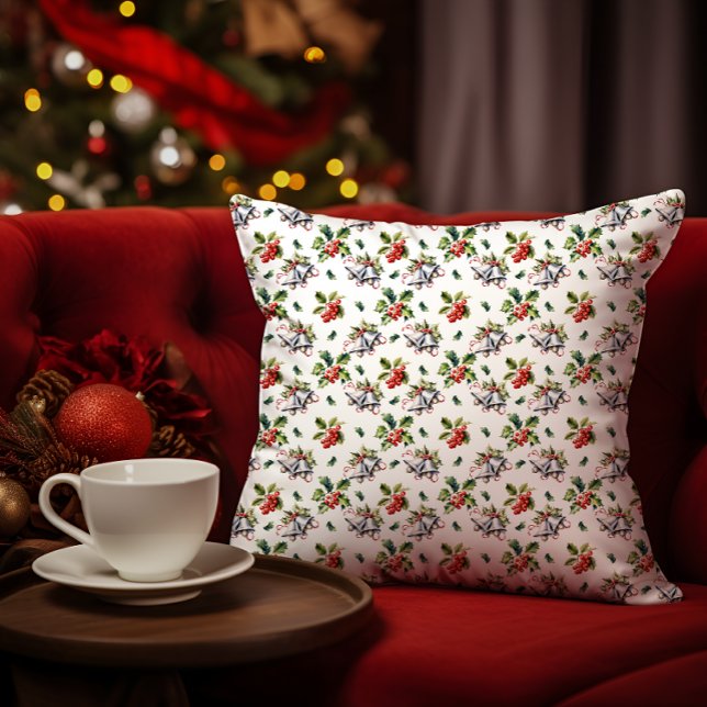 Vintage Christmas Holiday Silver Bells and Holly Cushion (Vintage Christmas Holiday Silver Bells, Holly and Berries White Throw Pillow)