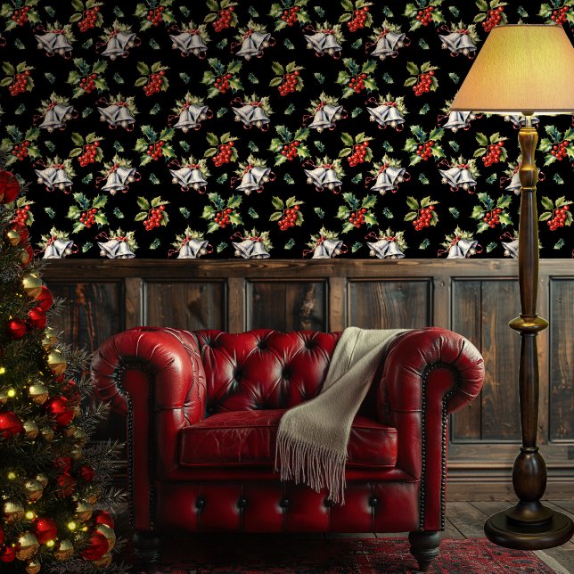 Vintage Christmas Holiday Silver Bells and Holly Wallpaper (Vintage Christmas Holiday Silver Bells and Holly Black Wallpaper)