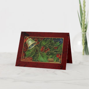 Vintage Christmas Holly and Bell Holiday Card