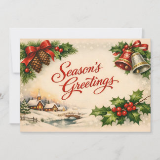 Vintage Christmas Holly Berry, Village, Bells  Holiday Card