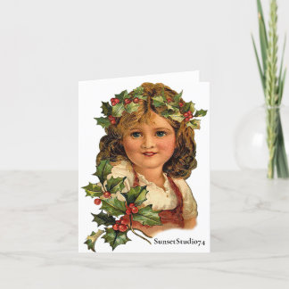 Vintage Christmas Holly Girl - Victorian Art Thank You Card