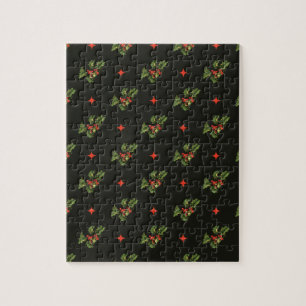 Vintage Christmas Holly Leaves and Stars Pattern Jigsaw Puzzle