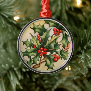 Vintage Christmas Holly Metal Ornament