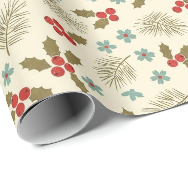 Vintage Christmas Holly & Pine Pattern Wrapping Paper (Roll Corner)