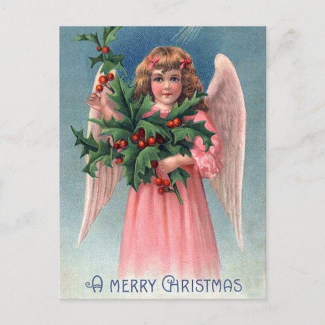 Vintage Christmas holly pink Angel postcard (Front)