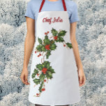 Vintage Christmas, Holly Plant with Red Berries Apron<br><div class="desc">Easy to customize apron,  just add your name!  
Vintage illustration Christmas holiday plant nature design featuring a traditional floral tree branch with holly leaves and red berries. Victorian era botanical plants. Season's Greetings,  Happy Holidays and Merry Christmas!</div>