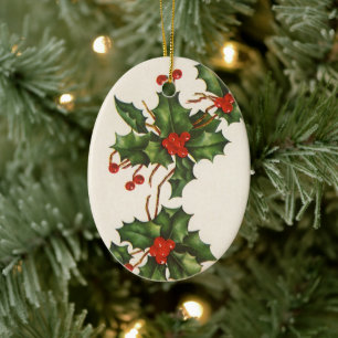 Vintage Christmas, Holly Plant with Red Berries Ceramic Tree Decoration