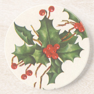 Vintage Christmas, Holly Plant with Red Berries Coaster