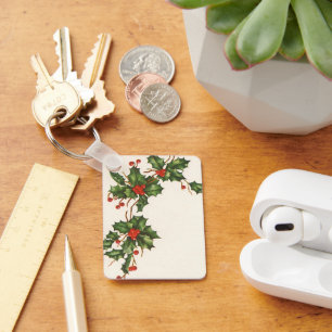 Vintage Christmas, Holly Plant with Red Berries Key Ring