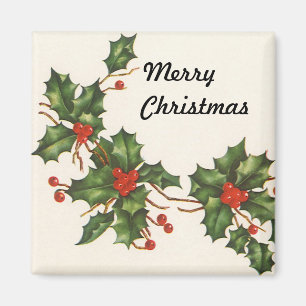 Vintage Christmas, Holly Plant with Red Berries Magnet